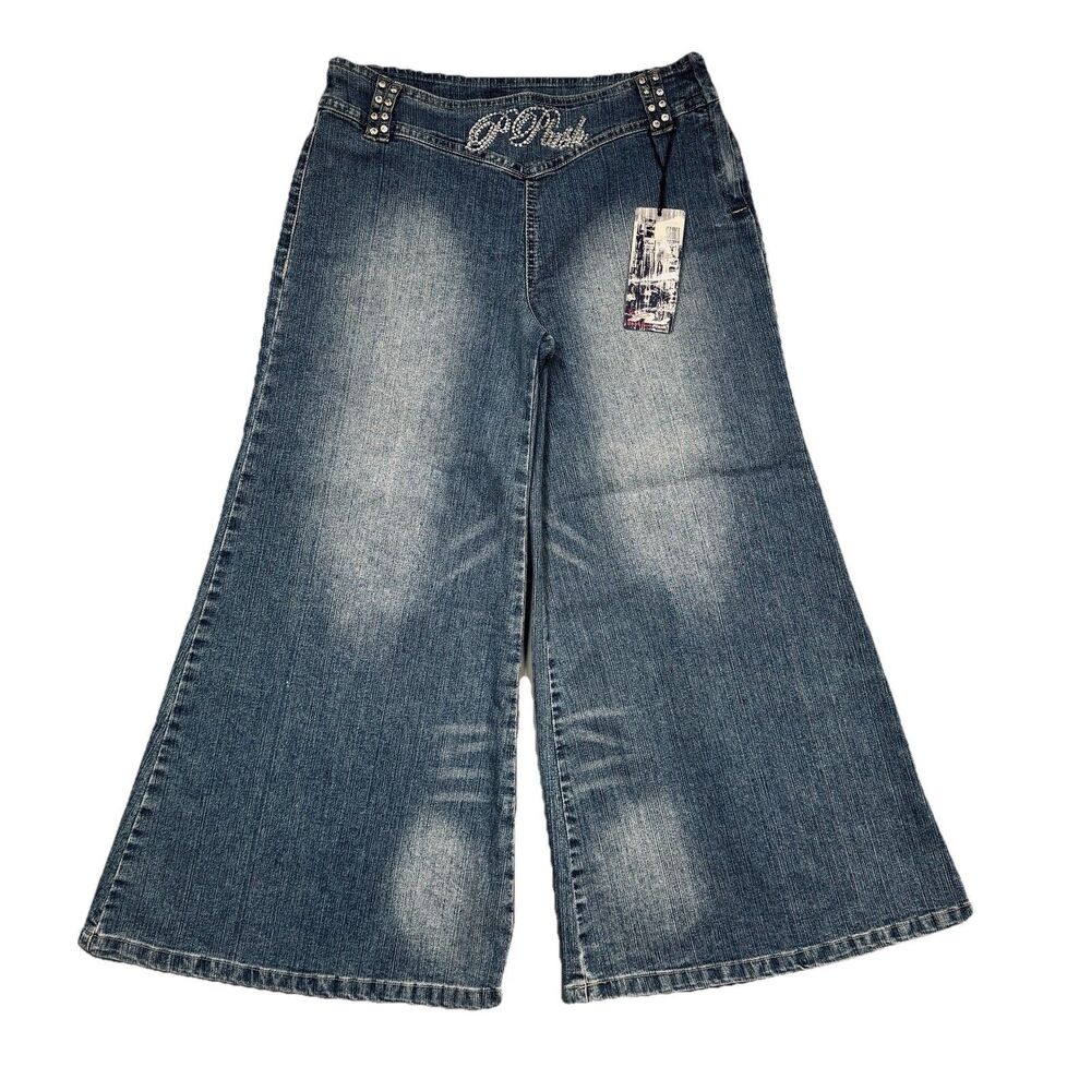 Platinum Plush Super Wide Leg Crop Jeans 7 (28x23) Blue Embellished Zip Juniors